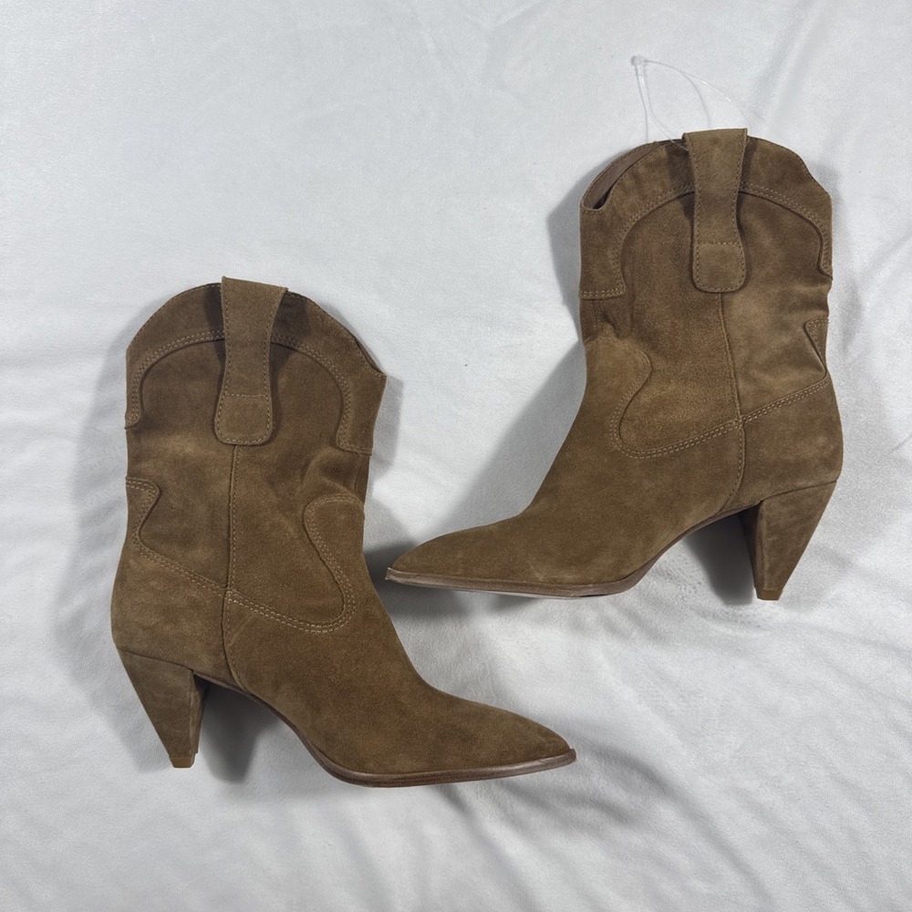 Larroude Western Boots 9 Thelma Suede Pointed Toe Cone Heel Tan Brown Brazil NEW